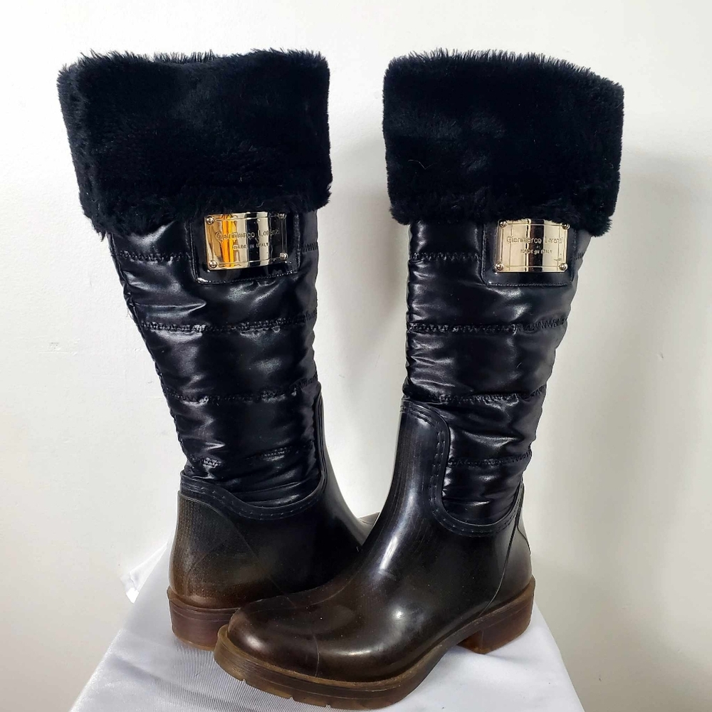 Gianmarco Lorenzi Black Faux-Fur Trim Winter Rain Boots